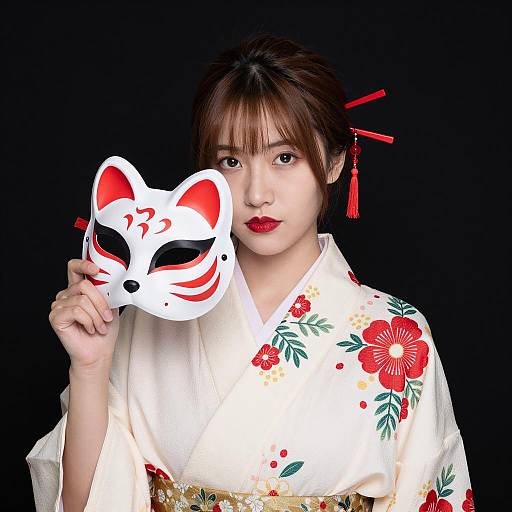 East Asian Woman in Floral Kimono Holding Fox Mask