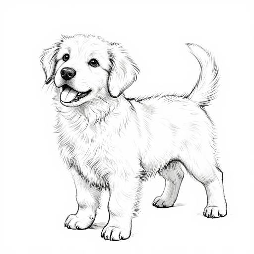 Black-and-white digital sketch of a happy, fluffy, medium-sized dog with floppy ears, wagging tail, and tongue out.