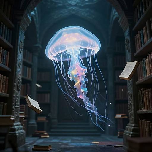 Photograph of a glowing blue jellyfish floating in a dimly lit, ancient library with archways, bookshelves, and floating books.