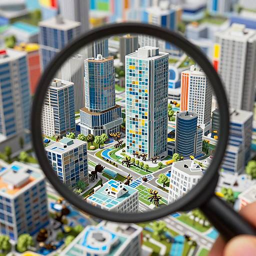 Photograph of a colorful, miniature cityscape viewed through a magnifying glass, highlighting tall, modern buildings, green trees, and streets.
