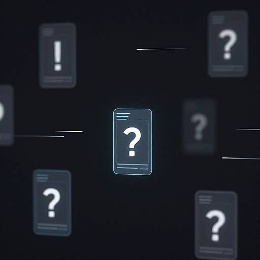 Digital art: Dark blue background with glowing white question marks in square icons, one prominently centered, others blurred in background.