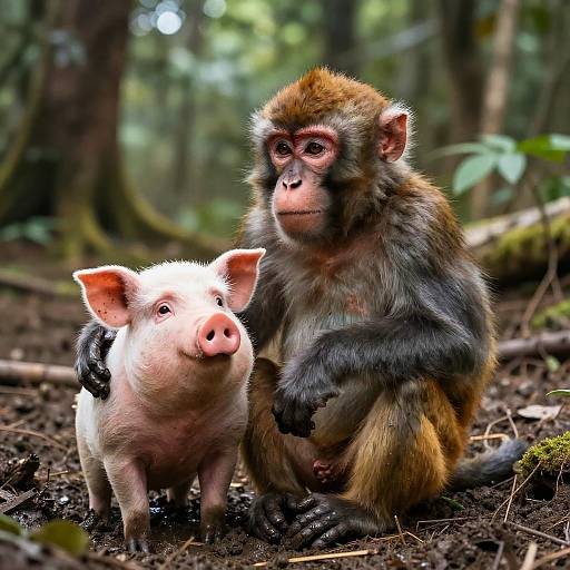 Monkey-Pig Hybrid in Muddy Forest