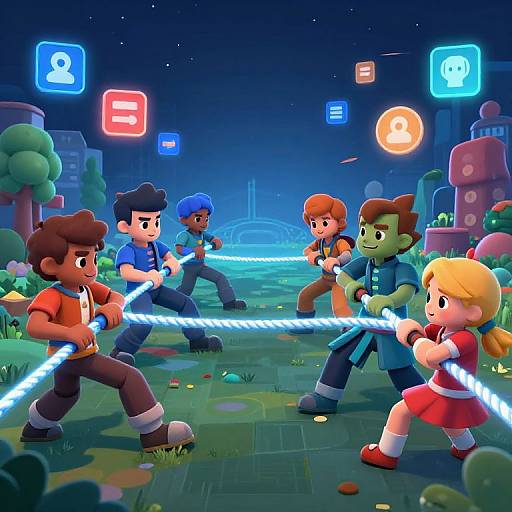 Digital CGI image of six cartoon-style children with glowing blue swords in a neon-lit, futuristic park at night, battling.