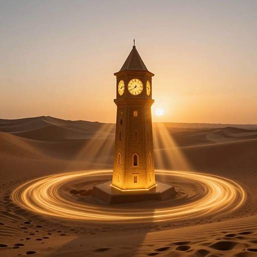 Photograph of a sunlit clock tower with glowing rings, standing in a desert with rolling sand dunes at sunset.