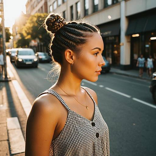 Woman with Cornrow Bun Hairstyle on Urban Street