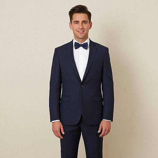 Photograph of a young man with short brown hair, smiling, wearing a dark navy suit with a white shirt and black bow tie, standing against a