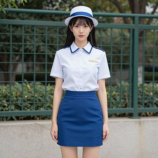 Photograph of an Asian woman with long black hair, wearing a white and blue school uniform, hat, and skirt, standing outdoors against a green metal