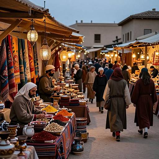 Photograph of a bustling evening market with vendors selling spices, lanterns, and textiles; customers in traditional clothing walk along. Warm, illuminated stalls against