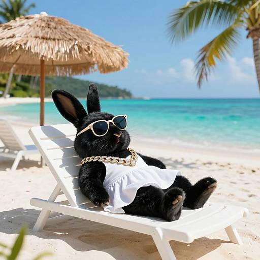 Photograph of a black rabbit lounging on a white beach chair, wearing sunglasses, gold chain, and white top, on a tropical beach with turquoise