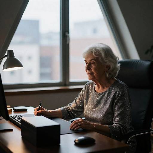 Older Woman Writing at Desk by Triangular Window