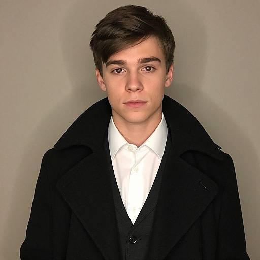 Photograph-style digital portrait of a young man with fair skin, dark brown hair, wearing a black coat over a white shirt, against a plain gray