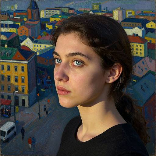 Digital painting of a young woman with fair skin, blue eyes, and dark hair, gazing forward against a colorful, impressionistic cityscape backdrop with