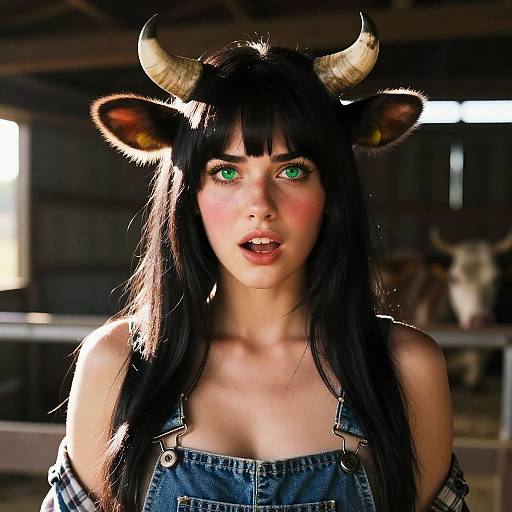 Surprised Cow-Horned Woman Portrait