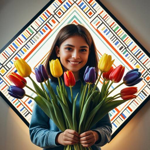 Young Egyptian Girl Holding Colorful Tulips