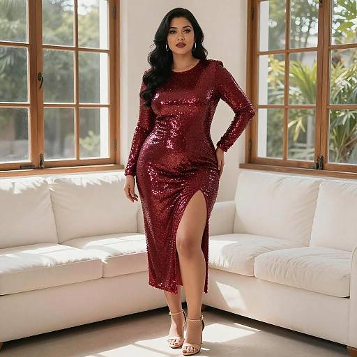 Confident Woman in Red Sequined Dress