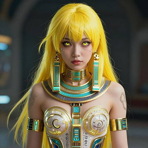 Futuristic Japanese Woman with Neon-Egyptian Attire