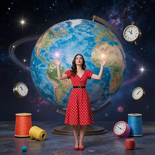 Photograph of a smiling woman in a red polka dot dress, holding glowing clock hands, with a planet globe and spools of thread in a