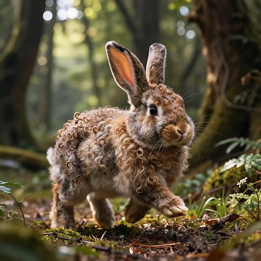 Photograph of a curly-haired brown rabbit with large ears, standing on mossy forest floor, surrounded by sunlight filtering through trees.