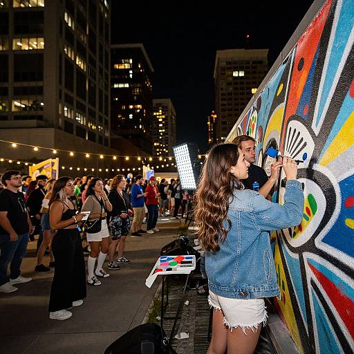 Photograph of a nighttime street art event, showing a woman in a denim jacket and white shorts painting a vibrant graffiti wall, surrounded by a diverse crowd