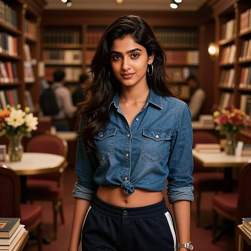 Photograph of a beautiful Indian woman with long dark hair, wearing a tied denim shirt and black tracksuit, standing in a cozy, book-filled library