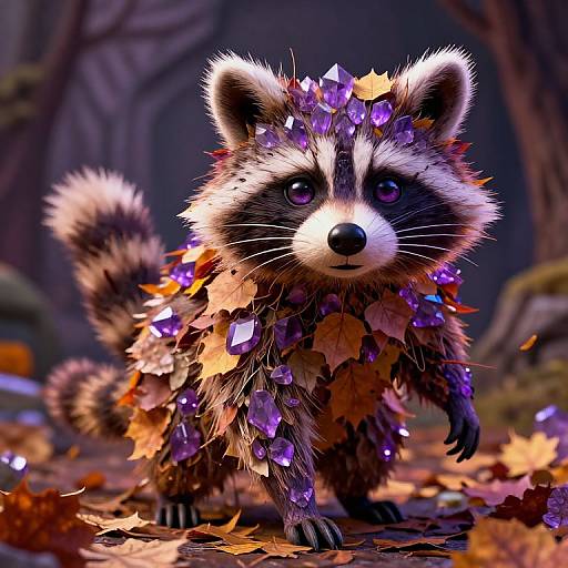 Digital artwork of a cute, fluffy raccoon adorned with purple crystals and autumn leaves, standing in a dark, forested background.