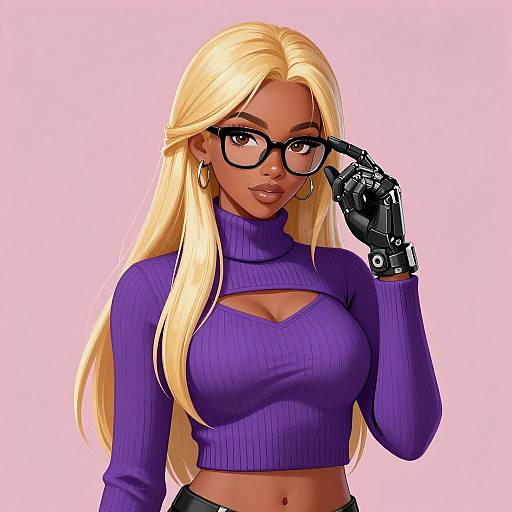 Digital art of a dark-skinned woman with long blonde hair, black glasses, purple turtleneck, robotic glove, and hoop earrings against a pink