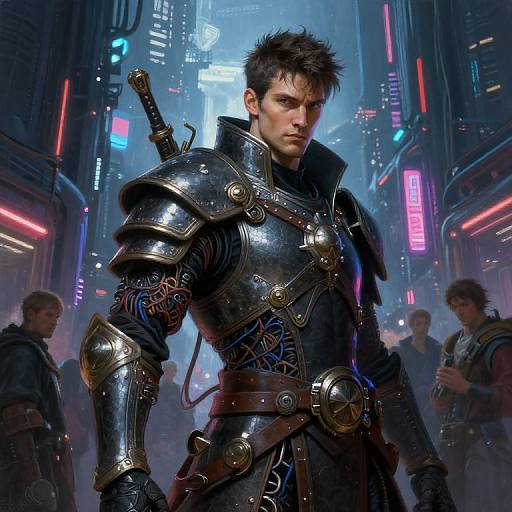 CGI image of a brooding, dark-haired man in shiny, ornate armor with a sword, standing in a neon-lit, futuristic urban