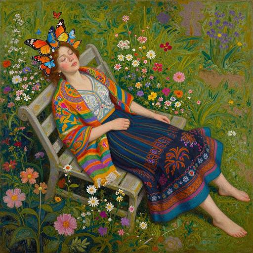 Photorealistic digital painting of a fair-skinned woman with butterfly headdress, colorful shawl, and blue-patterned skirt, sleeping on a bench