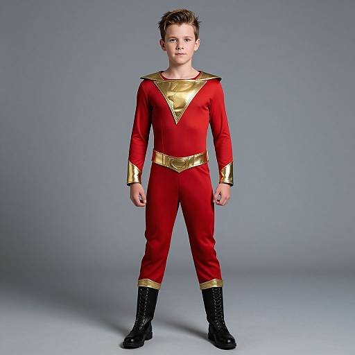Photograph of a young boy with short brown hair, standing confidently in a red superhero costume with gold accents and black boots, against a plain gray background