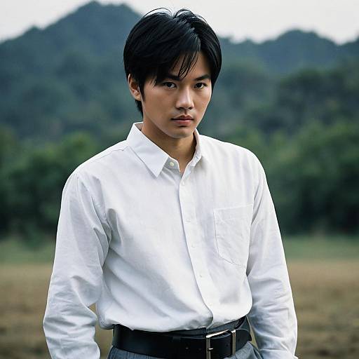 Young Asian Man in White Shirt Outdoors