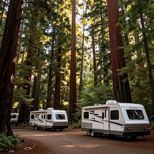 Photograph of three white RVs with gray stripes parked on a forest path, surrounded by tall redwood trees and dappled sunlight.