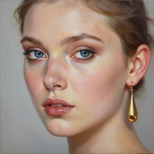 Digital portrait of a fair-skinned woman with blue eyes, light brown hair, and a golden teardrop earring, featuring realistic, detailed textures