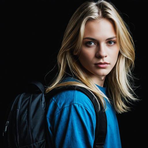 Blonde Woman with Backpack on Black Background