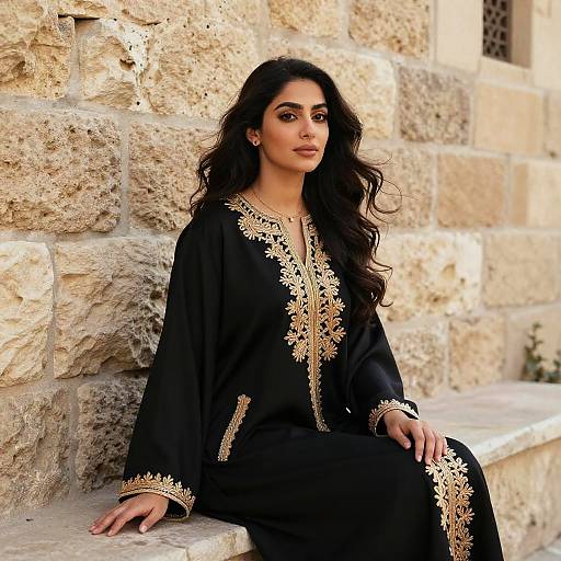 Photograph of a dark-haired woman with long wavy hair, wearing a black traditional outfit with gold embroidery, sitting against a textured beige stone wall.