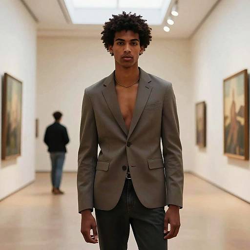 Photograph of a young, shirtless Black man with curly hair, wearing a gray blazer and black pants, standing in an art gallery with blurred