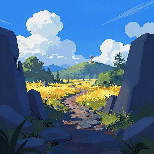 Winding Path Through Golden Field with Hilltop Landmark