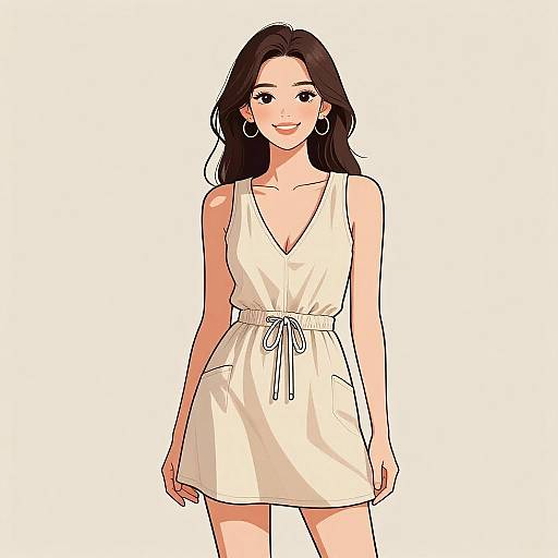 Digital anime-style drawing of a smiling, dark-haired woman in a sleeveless, white V-neck dress with a tied waist, standing against a plain white