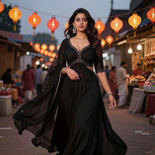 Photograph of a confident Indian woman with long black hair, wearing a black, sheer, V-neck dress, walking through a vibrant evening market with glowing