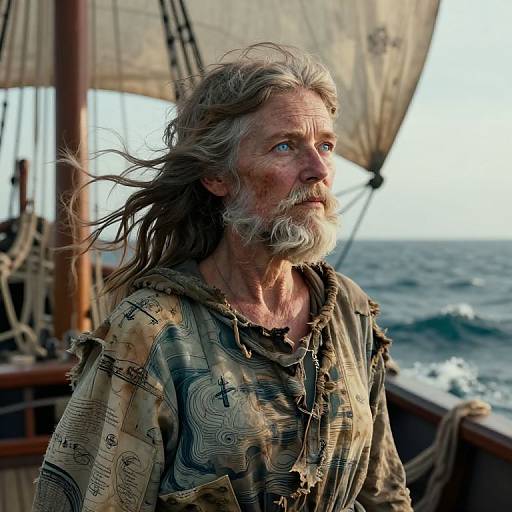 Photograph of an older, weathered man with long gray hair and beard, wearing tattered, patterned clothing, standing on a ship at sea