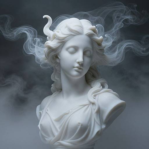 Photorealistic digital sculpture of a serene, white marble woman with flowing hair and ethereal smoke swirling around her head.