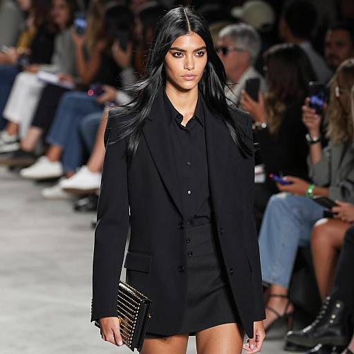 Confident runway model in black attire