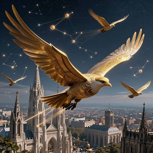 Golden-Winged Birds Over Gothic City