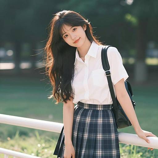 Smiling Asian Woman in Sunlit Park