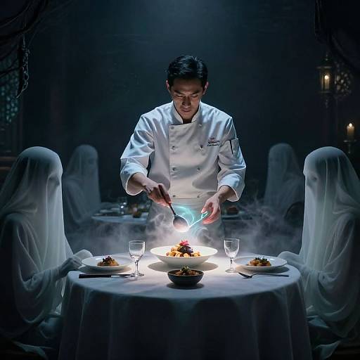 Photograph of a male chef in white uniform, lighting a dessert plate with a candle, surrounded by ghostly draped chairs.