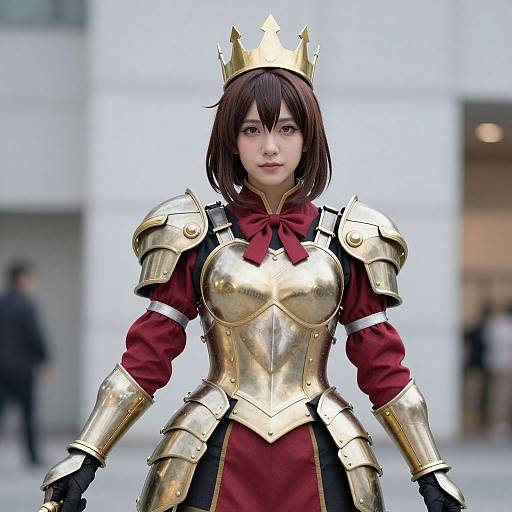 Photograph of a young Asian woman in golden armor with a red dress, black gloves, and a gold crown, standing outdoors with a blurred urban background