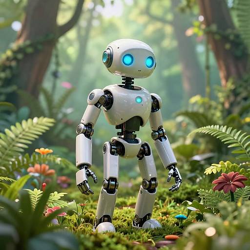 CGI image of a white, glowing-blue-eyed robot standing in a lush, sunlit forest with ferns and colorful flowers.
