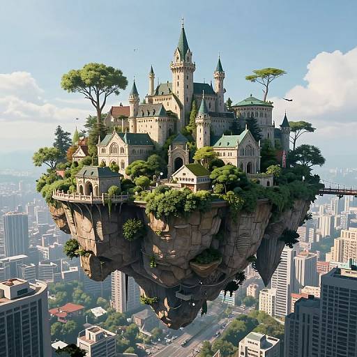 Digital illustration of a fantasy castle with green roofs and tall spires, perched on a floating rocky island above a modern cityscape. Sunlit,
