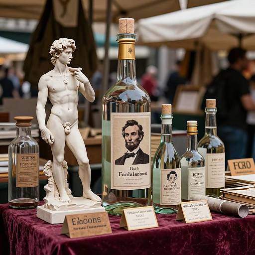 Photograph of a market stall displaying a white marble statue of a nude male figure, surrounded by various bottles of Fernet Branca liqueur, with