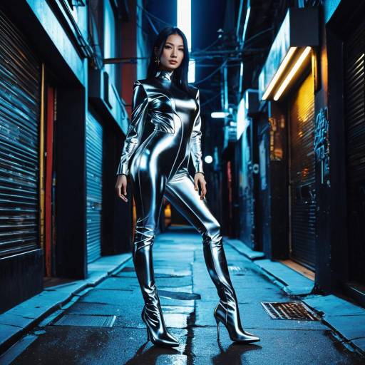 Woman in Futuristic Silver Bodysuit and Heels in Neon Alley