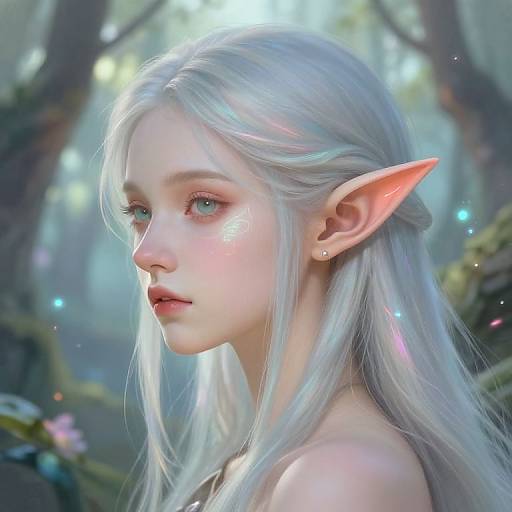 Digital fantasy portrait of a pale-skinned, elf-like woman with long, white hair, pointed pink ears, and soft blue eyes in a mystical forest